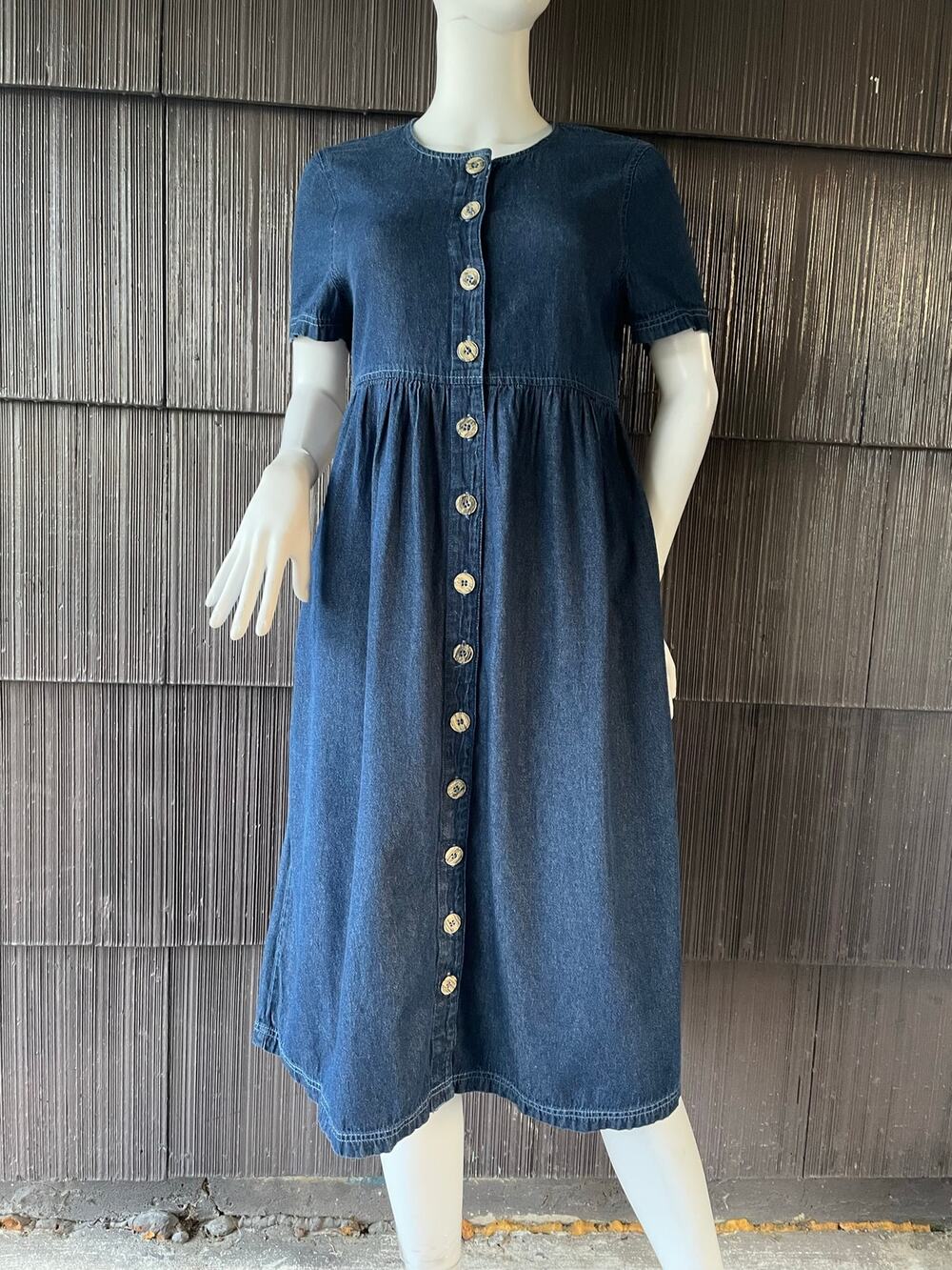 🔥VTG 90s Blair Denim Midi Dress Button Front Shot Sleeve Cottage Rustic Teacher